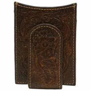 Ariat Floral Embossed Dark Brown Money Clip Card Wallet