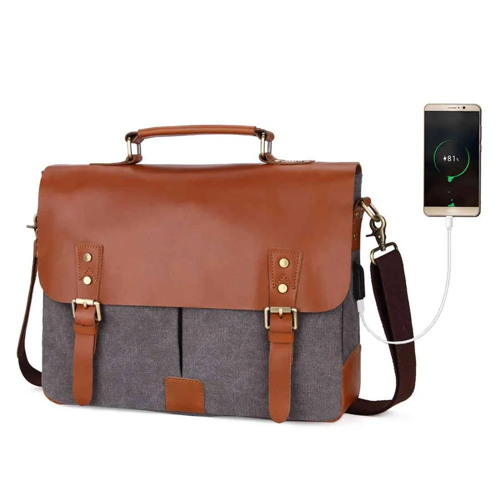 Genuine Leather Briefcase with USB Outlet