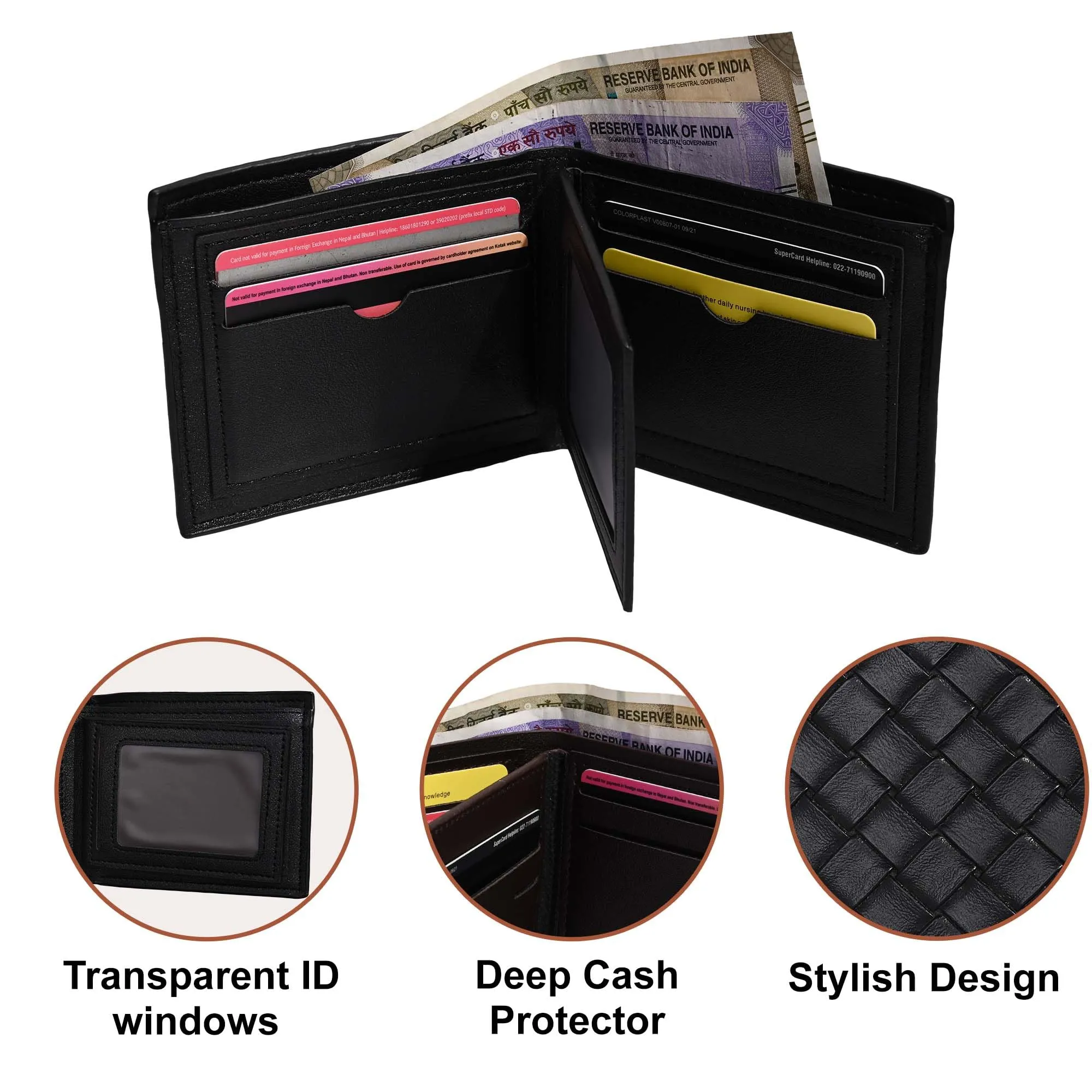 Kuber Industries PU Weave Textured Men Purse Wallet | Cash Coins, Credit/Debit Cards Case Holder, Hand Purse for Men | Casual Pocket Wallets for Boys Office & Occasion | KS-6, Black