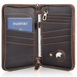 Polare Full Grain Leather Family Travel Passport Wallet and Documents Organizer RFID Blocking Case Holder Fits 6 Passports with AirTag Slot