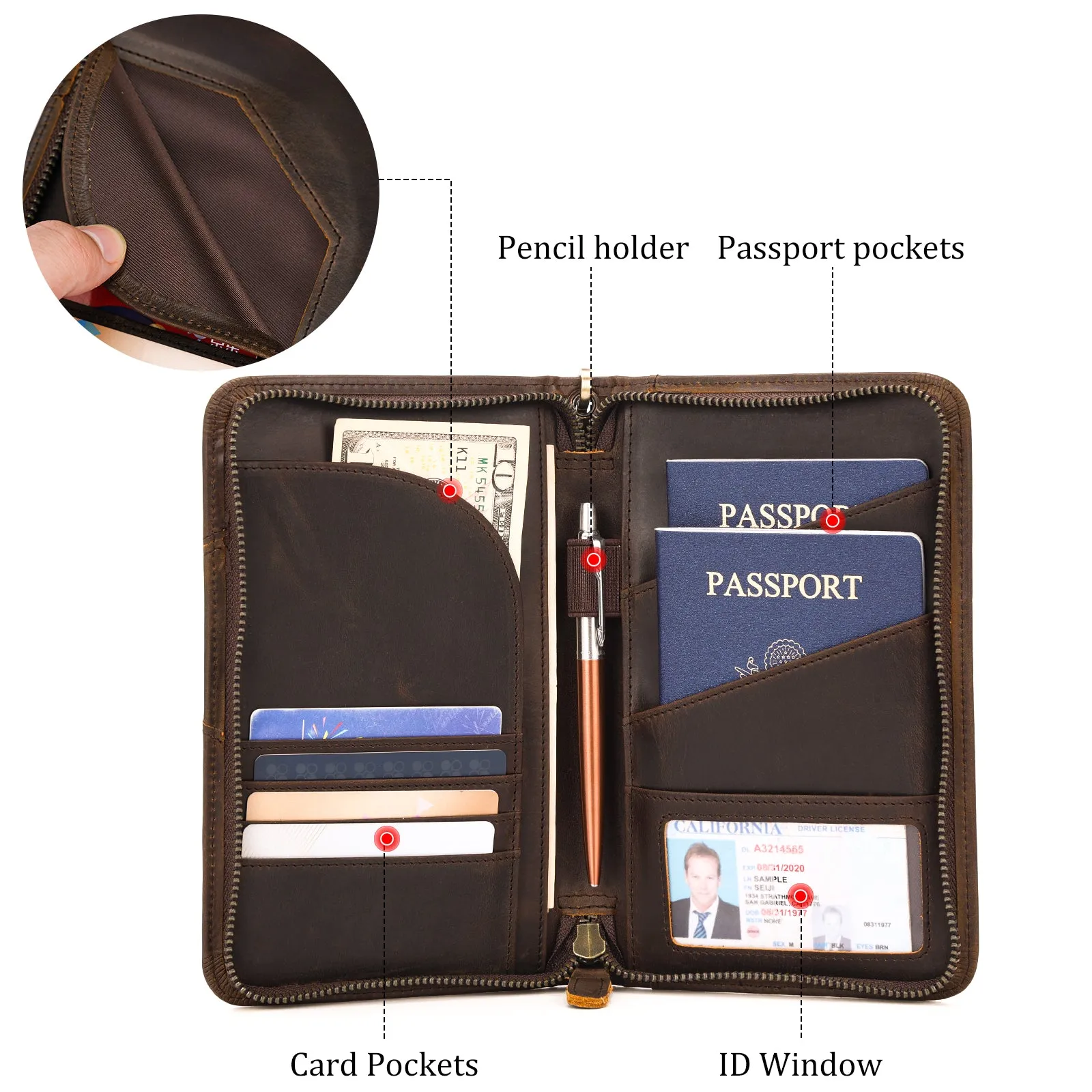 Polare Full Grain Leather Passport Holder With YKK Zipper RFID Blocking Travel Document Organizer Ticket Holder Cover Case Holds 2 Passports