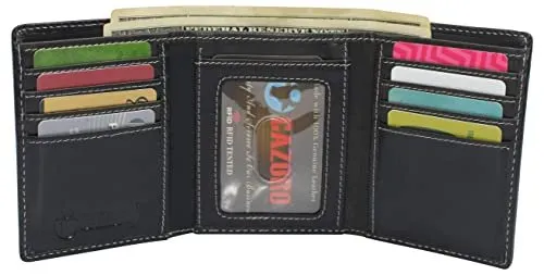 Real Buffalo Leather Wallets for Men - RFID Blocking Slim Trifold Wallet with Card Slots