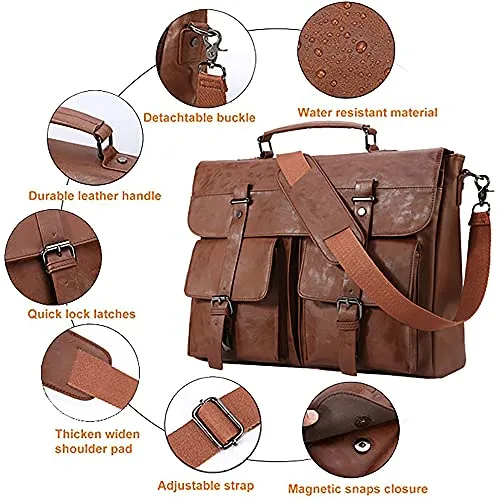 Seyfocnia Leather Messenger Bag for Men, Vintage Leather Laptop Bag Briefcase Satchel, 17.3 Inch Computer School Work Bag (Brown)