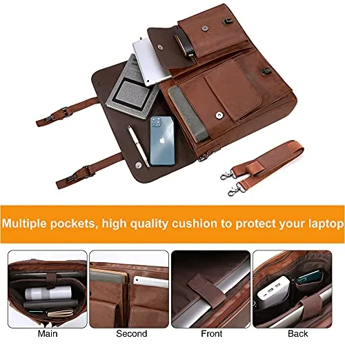 Seyfocnia Leather Messenger Bag for Men, Vintage Leather Laptop Bag Briefcase Satchel, 17.3 Inch Computer School Work Bag (Brown)