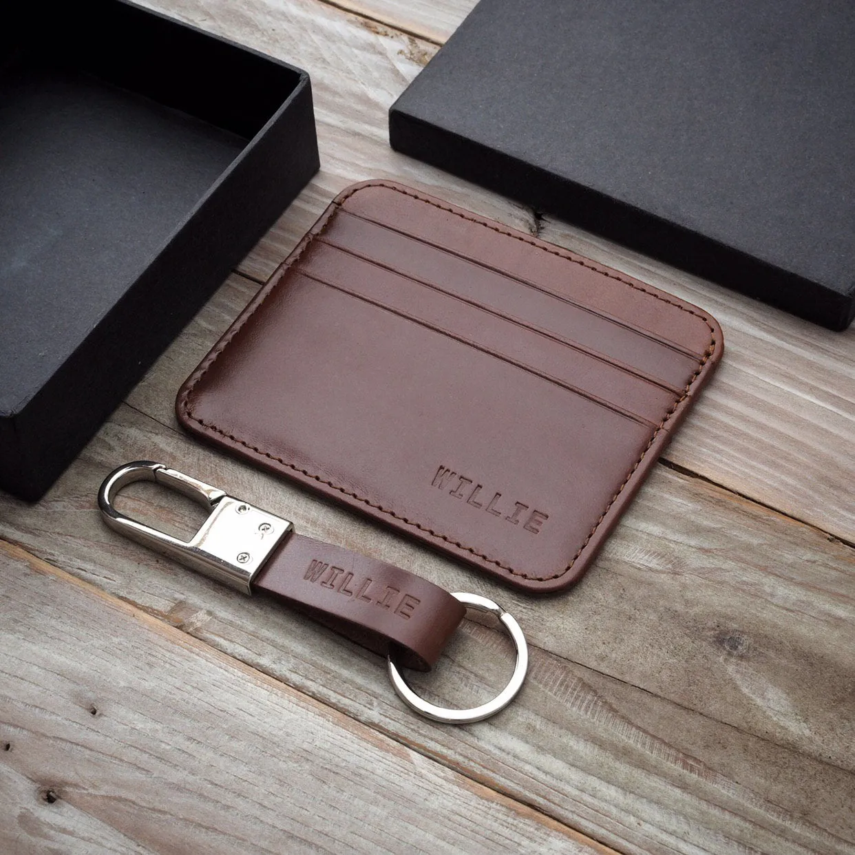 Slim Leather Card Case   Keyfob (6 cards - Chestnut)