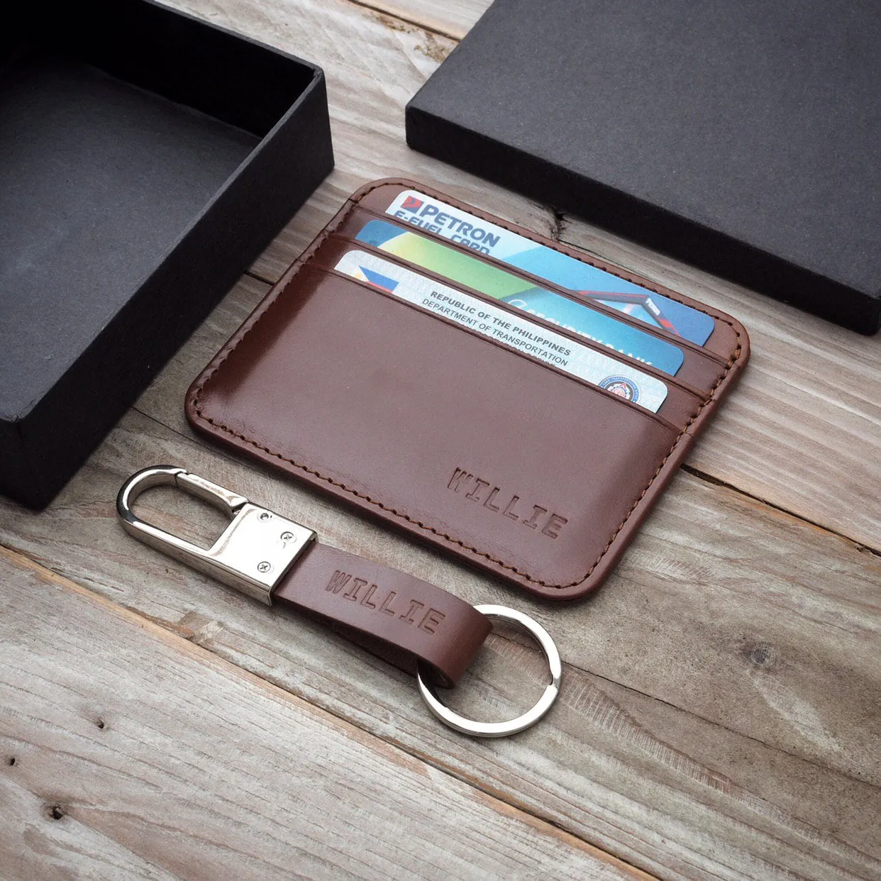 Slim Leather Card Case   Keyfob (6 cards - Chestnut)