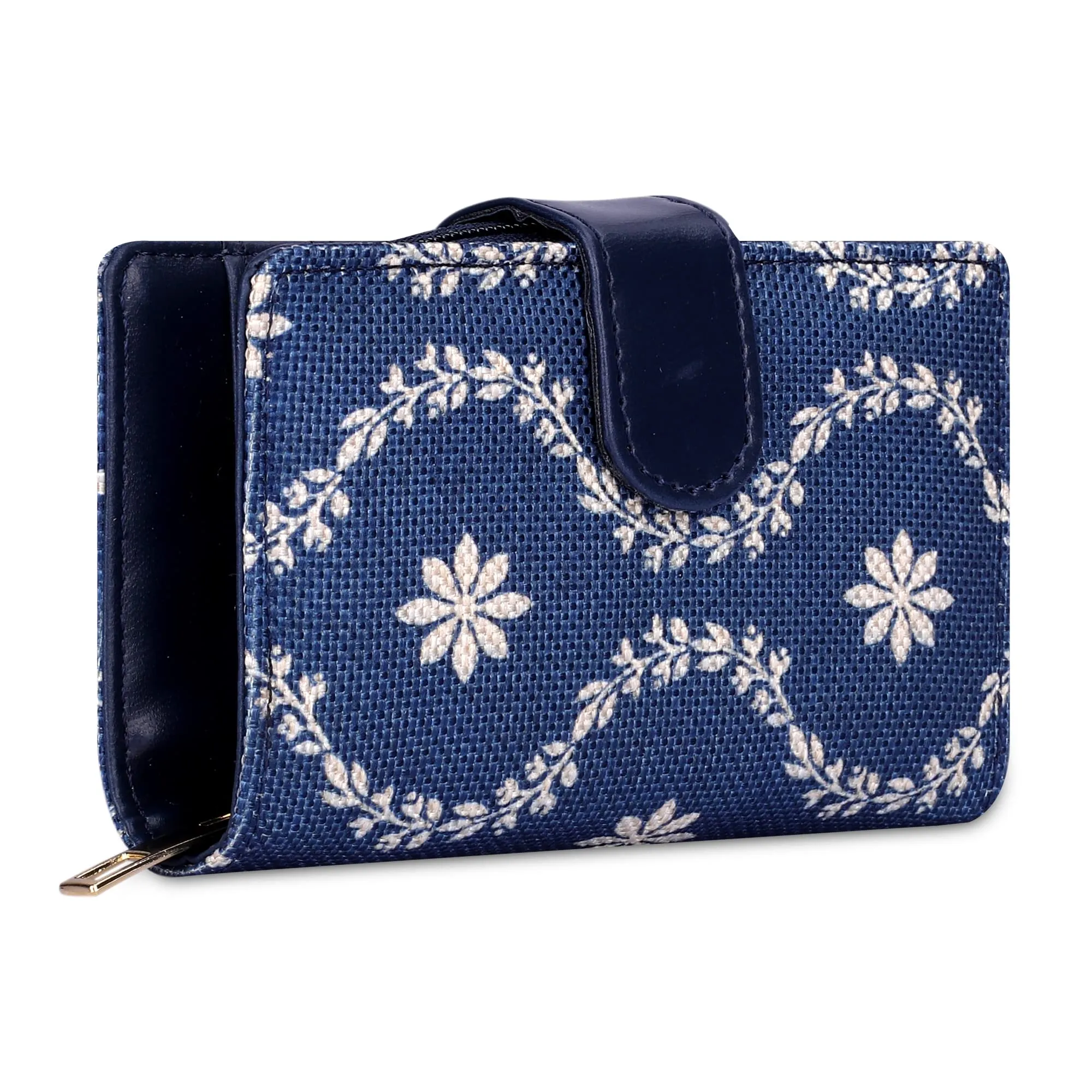 THE CLOWNFISH Fab Series Printed Handicraft Fabric & Vegan Leather Ladies Wallet Clutch Purse for Women Girls with Multiple Compartments (Royal Blue)