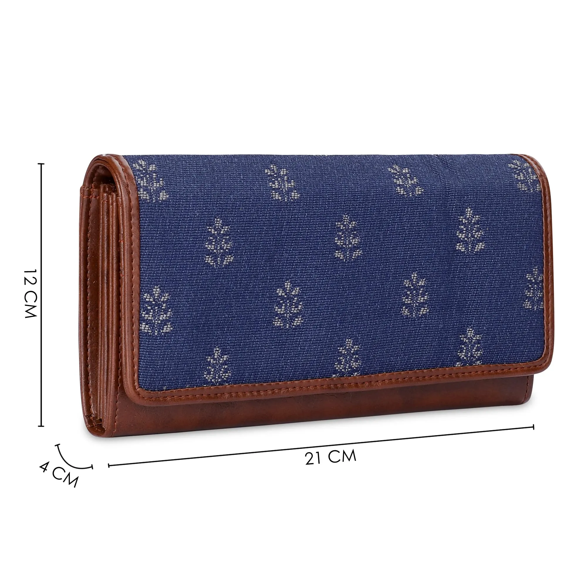 THE CLOWNFISH Sharon Collection Tapestry Fabric & Faux Leather Snap Flap Closure Womens Wallet Clutch Ladies Purse with Multiple Card Holder (Denim Blue)