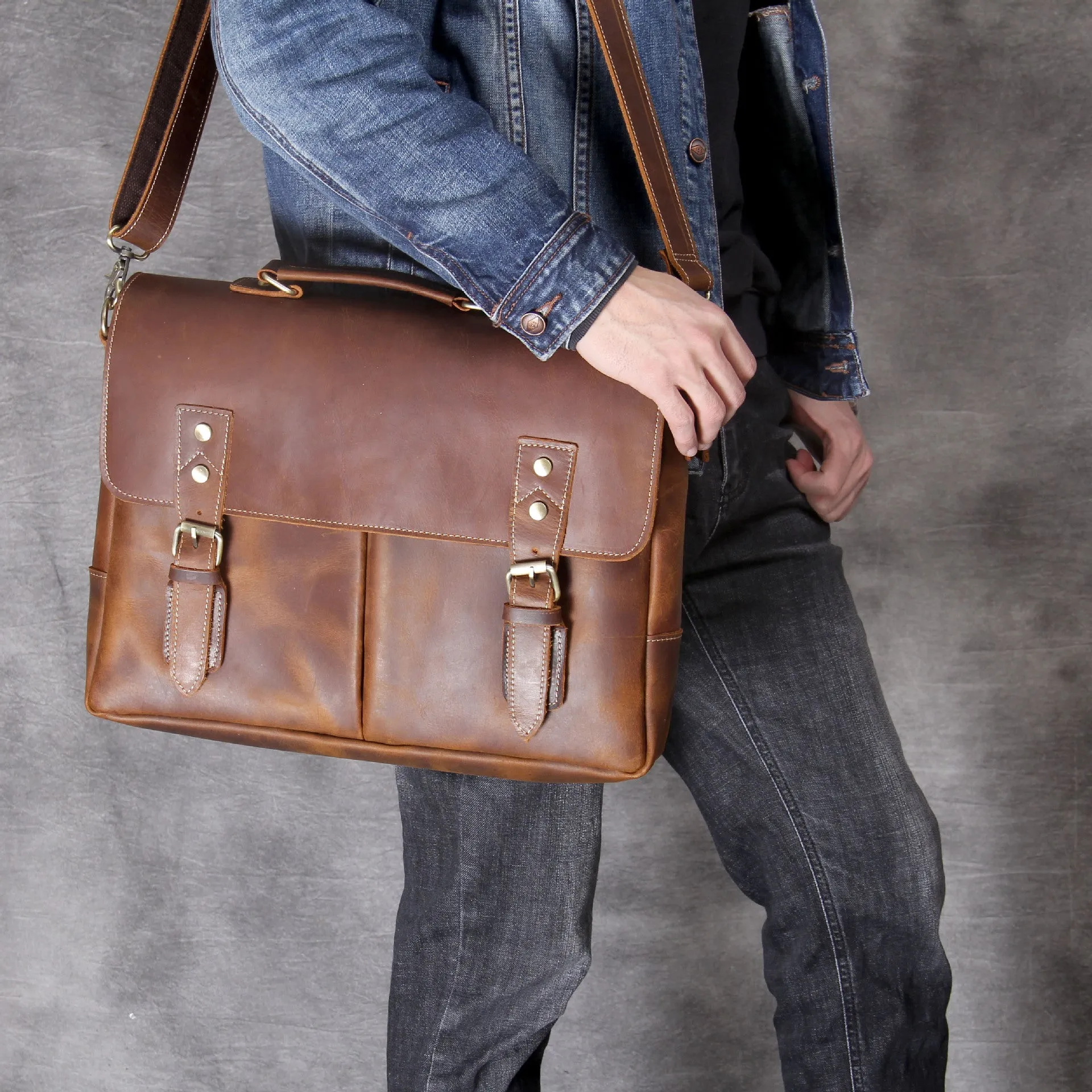 Vintage Cowhide Brown Leather Business Briefcase Bag 3091