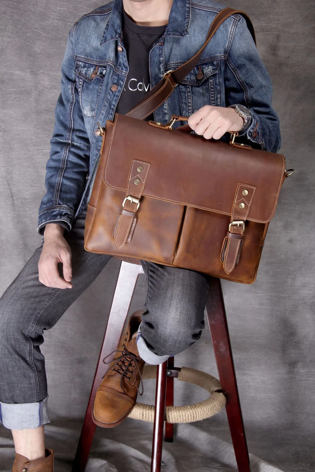 Vintage Cowhide Brown Leather Business Briefcase Bag 3091